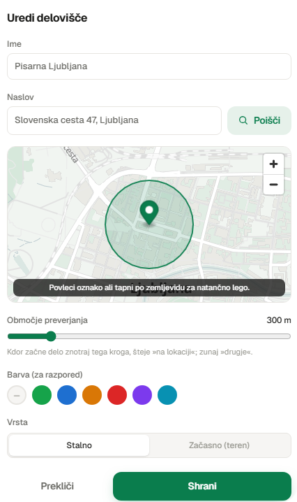 Obrazec za novo delovišče — ime, naslov, zemljevid z oznako, cona preverjanja in barva