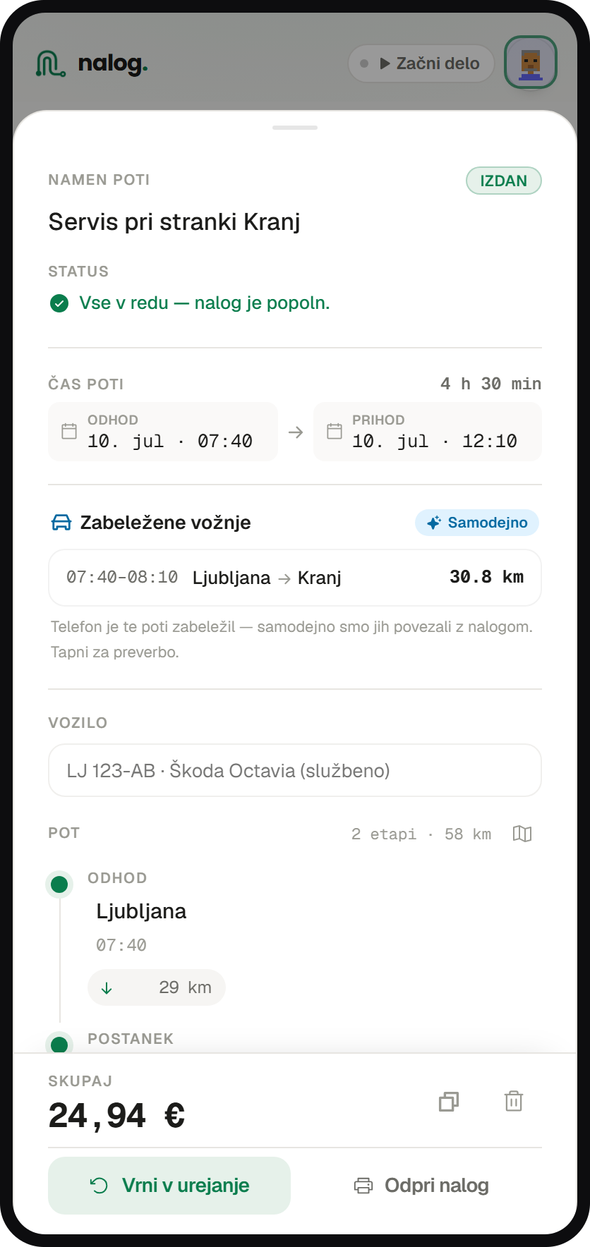 Izdan potni nalog s posneto vožnjo kot dokazom — relacija, čas poti, vozilo in znesek