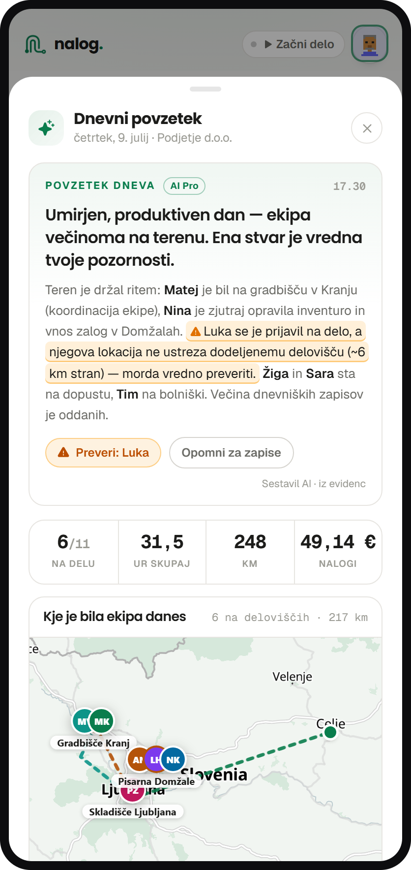 AI dnevni povzetek na telefonu — kdo je delal koliko in kaj, sestavljeno iz zapisov