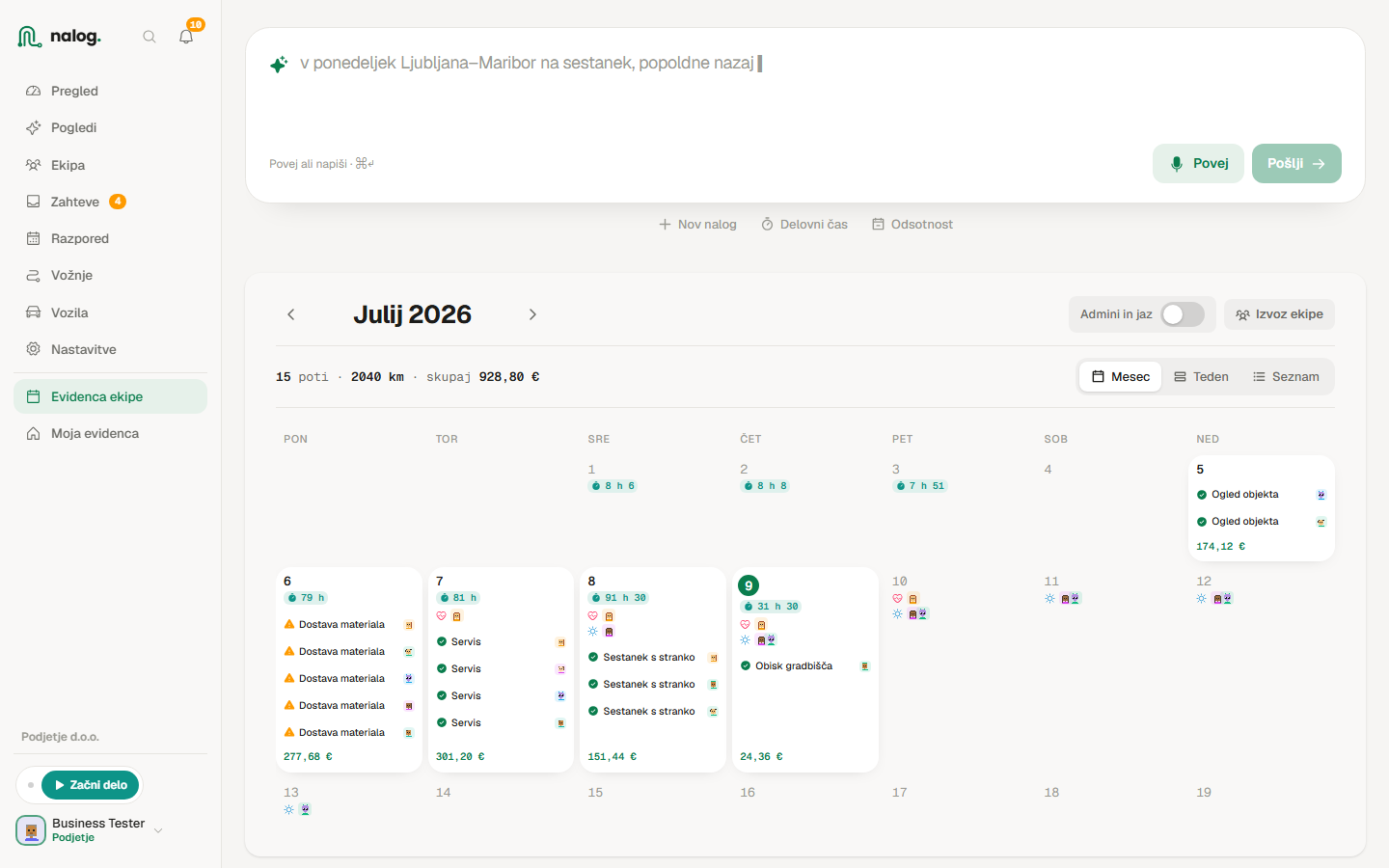 Evidenca ekipe — potni nalogi meseca po dnevih, s kilometri in zneski