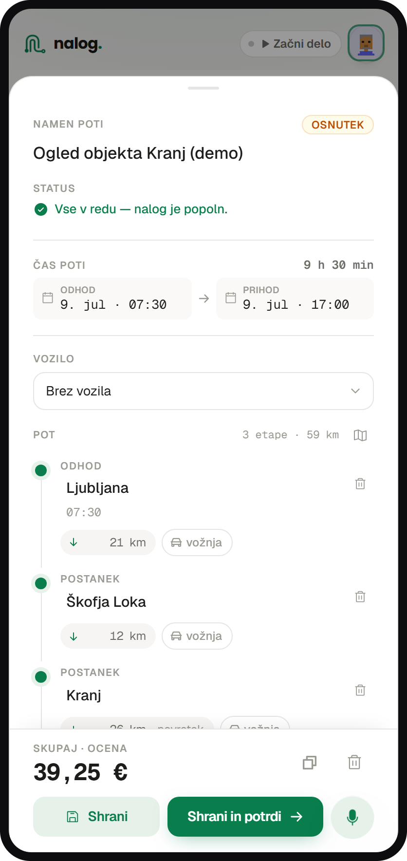 Izdan potni nalog v aplikaciji nalog.si — relacija, kilometrina in dnevnica, izračunani iz zabeležene vožnje